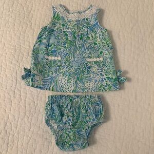 Lilly Pulitzer Floral Infant Shift Dress with Diaper Cover Set - Blue and Green
